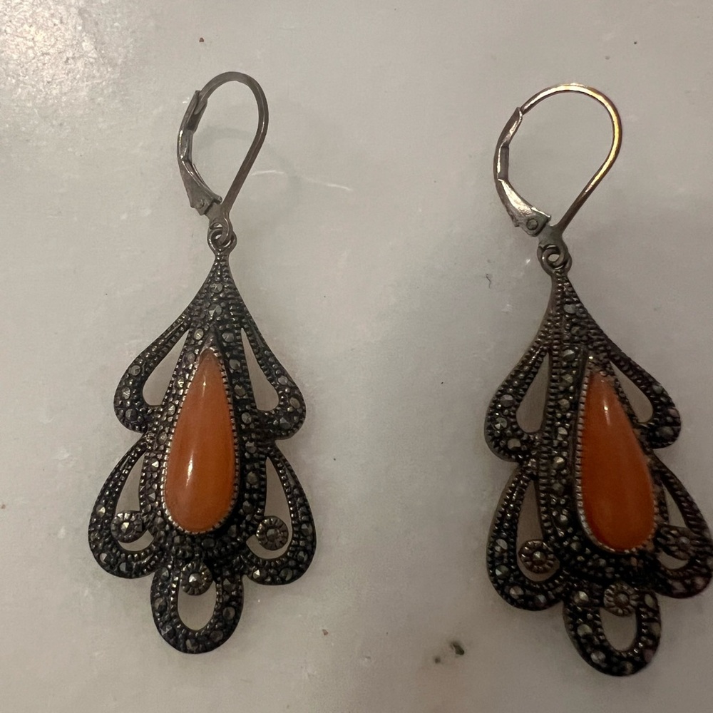 Judith Jack marcasite Elegant Orange Teardrop Earrings